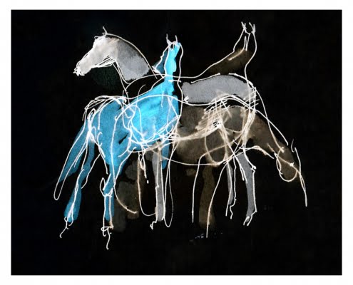 Four Horses in Blue Digitally altered drawing by Diana Hand